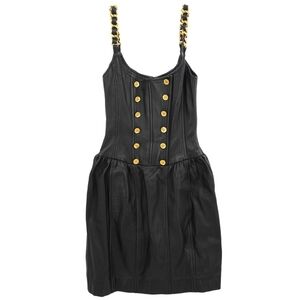 Chanel 1993 Black Gold Fishbone Leather Chain Dress CC Buttons